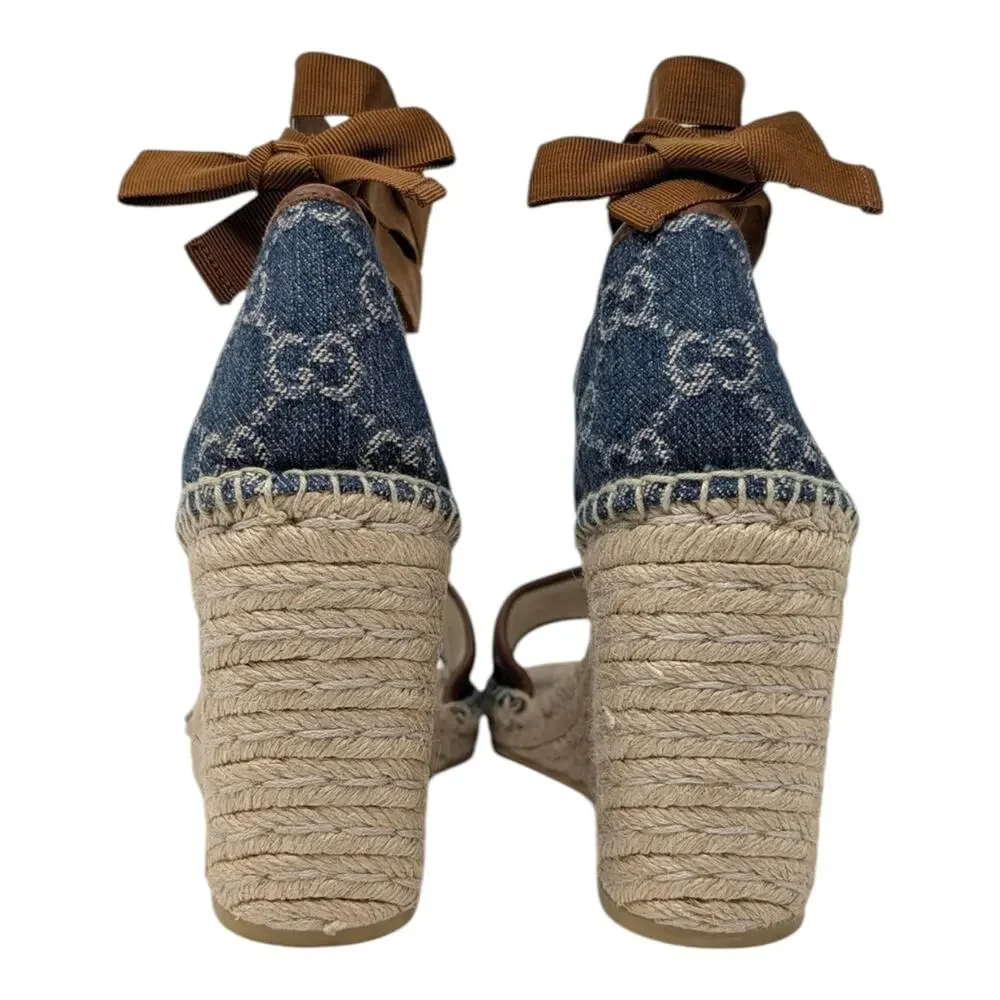 Gucci Pilar GG Monogram Denim D'Orsay Espadrille Wedge Heel Sandal Blue Tan 37